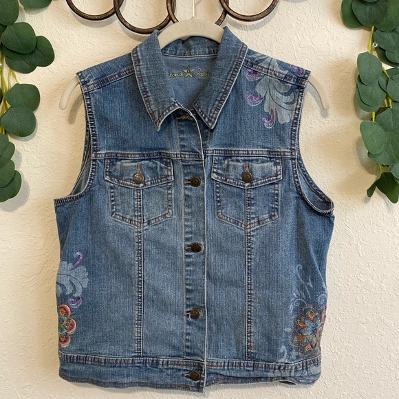 Vintage Y2K Arizona Jean Co Boho Sparkly Floral Embroidered Denim Vest💕 - Picture 1 of 9
